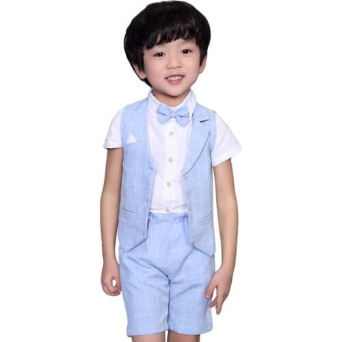 Boys Summer Formal Clothing Sets Children Vest Shorts 2pcs Outfits Kids Wedding Party Prom Plaid Dress Clothes Sets