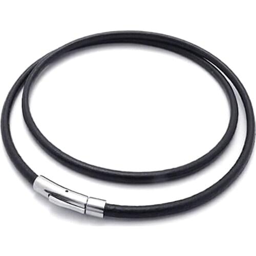 Jewelry Mens Necklace - Chain - 3mm Cord - Leather - Stainless Steel - for Men - Color Black Silver - With Gift Bag - 55cm