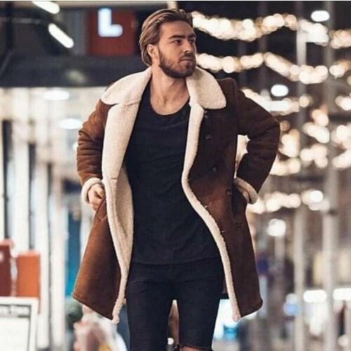 2020 Winter Mens Fur Fleece New Fashion Trench Coat Overcoat Male Lapel Warm Fluffy Long Style Brown Jacket Outerwear Plus Size