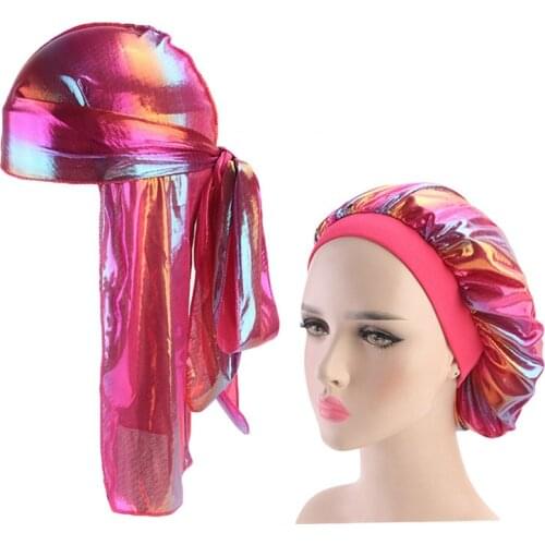 New Mens Sparkly Silk Durag Bandana Headwear Colorful Wide Doo Rag Bonnet Cap Comfortable Sleeping Hat Couple 2pcs set