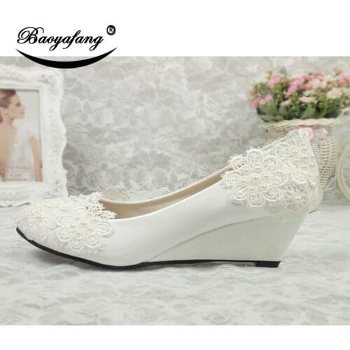 BaoYaFang New White Lace Women Wedding shoes Bride shoes woman Fashion Wedges Ladies Dress shoe female fashion shoe women