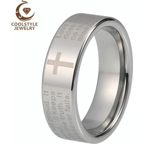 Men Women 8mm Tungsten Carbide Wedding Band Ring With English Bible Verses And Love Cross Engraved