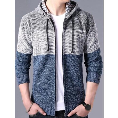 Autumn Winter Men Long Sleeve Color Block Zipper Slim Jacket Plush Warm Coat