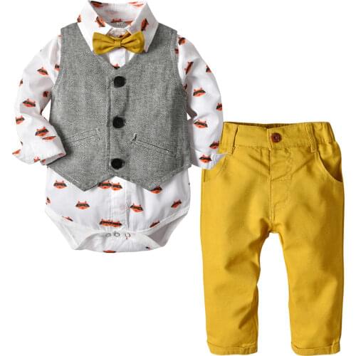 Autumn Fashion infant clothing Baby Suit Baby Boys Clothes Gentleman Bow Tie Rompers + Vest + Trousers 3Pcs Baby Set
