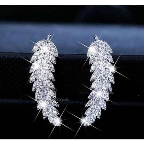 Vintage Feather leave zircon Earring Tiny Simple Feather Stud Earrings for women Retro Long Leave Ear clip for Pendientes