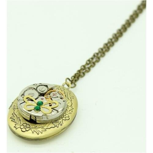Steampunk Oval Locket Necklace With Vintage Watch Movement Handmade Crystal Jewelry Steam Punk