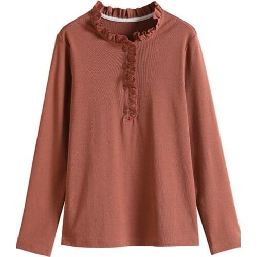 Vintage clothes tunic blouse women long sleeve ruffle stand collar autumn basic tee shirt 100 cotton