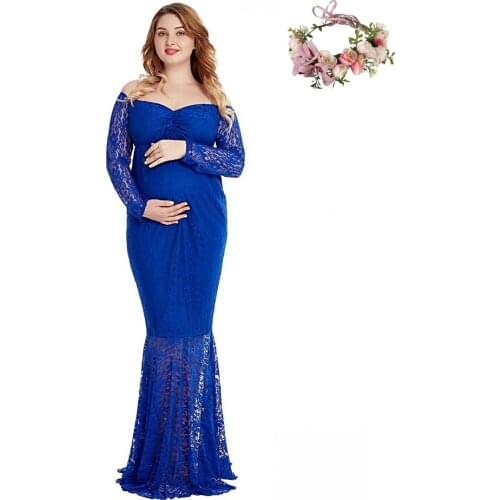 VOGUEON Women Off Shoulder Long Maternity Dress for Photography Lace Evening Gown Lady Baby Shower Pregnant Clothing for Photo