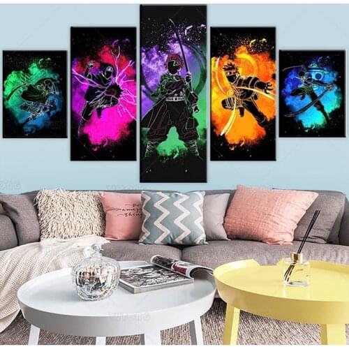 Japanese Anime One Piece Demon Slayer Attack On Titan Poster Tanjirou Eren Roronoa Zoro 5 Pieces Print Canvas Painting Wall Art