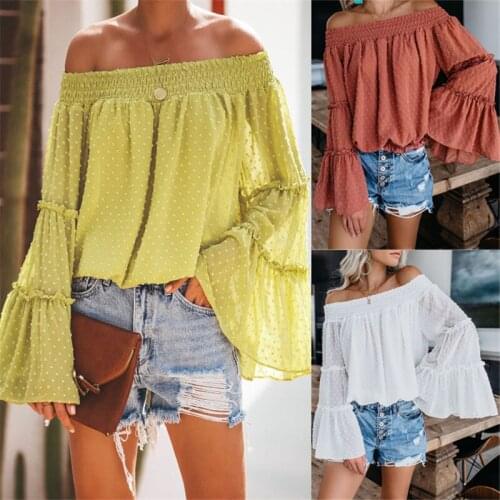Spring and Summer Women Fashion Off Shoulder Shirt Autumn Ladies Baggy Blouse Female Long Flare Sleeve Clothes