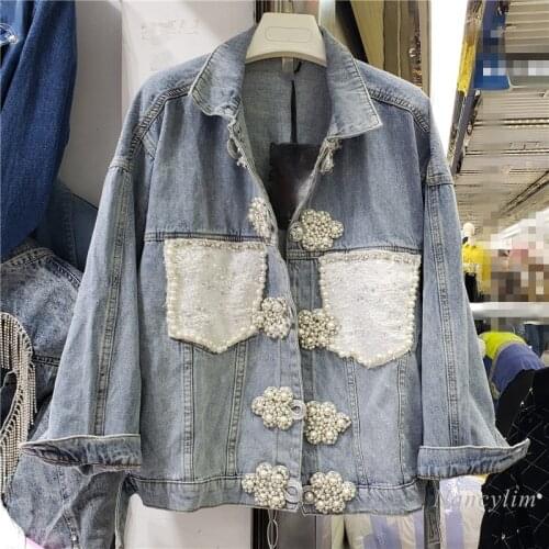 Harajuku Denim Jacket Women New Exquisite Rhinestone Beaded Buckle Loose Short Village Jeans Coats Female Streetwear Spring