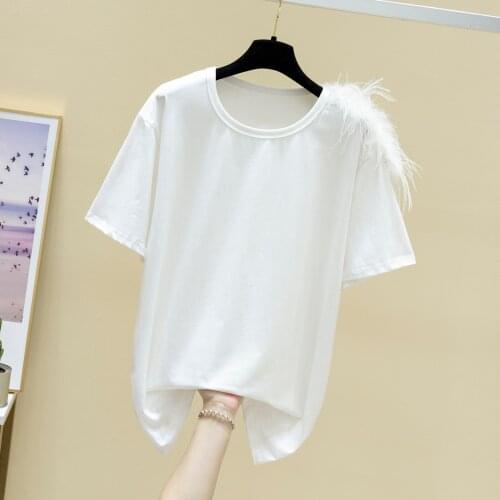 Feather Shoulder T Shirt for Women Pure Cotton Short Sleeve T-shirt Girls Ladies Summer Korean-Style Loose Tops Ropa Mujer