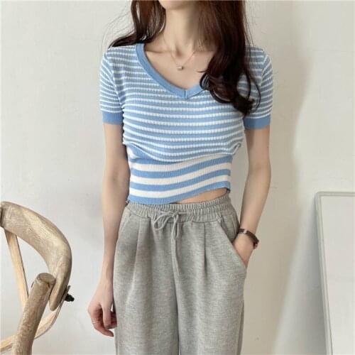 Woman TShirts Striped Sweater Summer Wear Lantern Sleeve High Waist V-neck Short Sleeves Top Crop Top Mujer Camisetas
