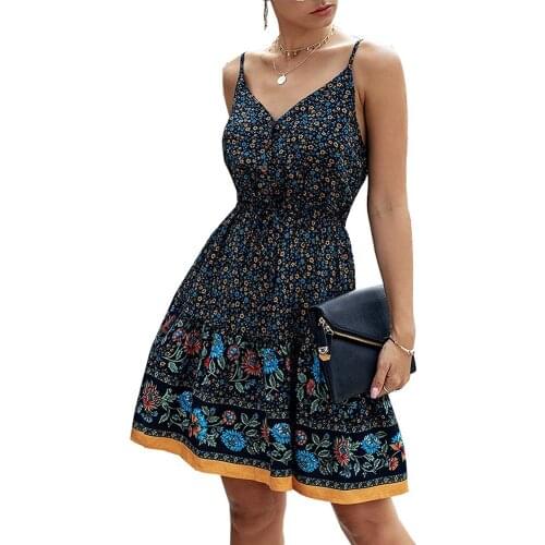 Women’s Floral Dresses V Neck Spaghetti Strap Button Down Sundress Sleeveless Swing Ruffle Summer Mini Short Dress