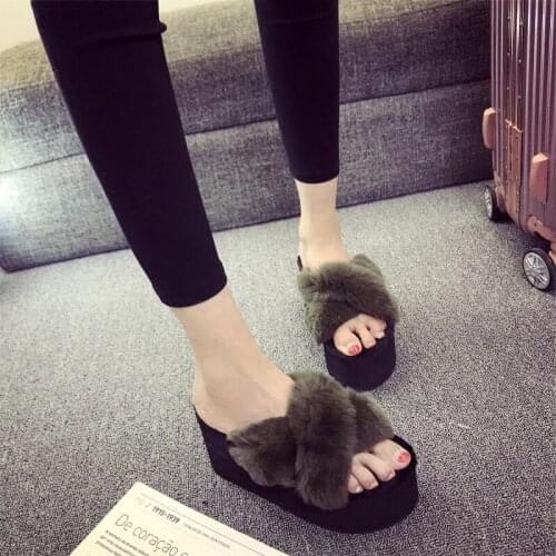 Spring and Autumn Womens Real Rabbit Fur Thick Slippers Fashionable Comfortable 7CM High Heel Slippers