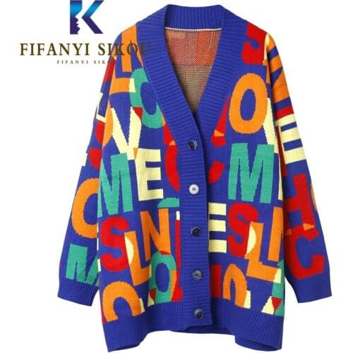 Letter Embroidery Knitted Sweater Jacket Women Autumn Winter Thick Warm Cardigan Knit Coat V-Neck Fashion Loose Sweaters Female
