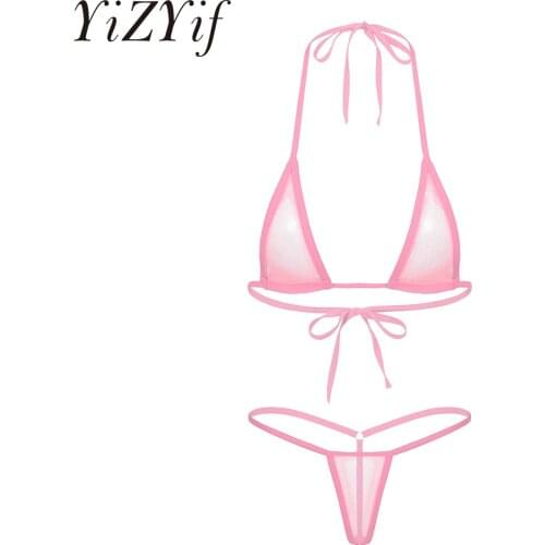 Womens Lingerie Underwear Exotic Set See-through Triangle Bikini Transparent Nightwear Hollow Out Lace-up Bra with Briefs Thongs