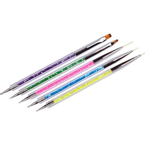 5Pcs Nail Art Dotting Pen Acrylic Rhinestone Crystal 2 Way UV Gel Painting Manicure Tool Drawing Liner Flower Brush
