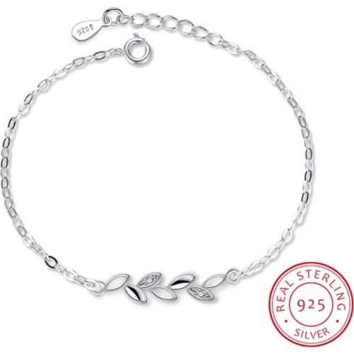 925 Sterling Silver Leaves Charm Bracelets For Women Crystal Jewelry pulseira