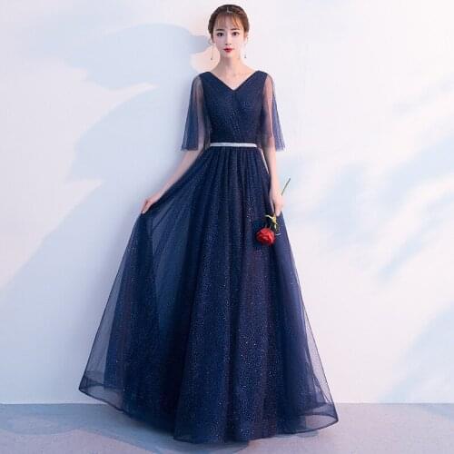 Long Bridesmaid Dresses Navy Blue V Neck A Line Bling Bling Wedding Guest Dress New Eve Dress Wedding Party For Women JQ641