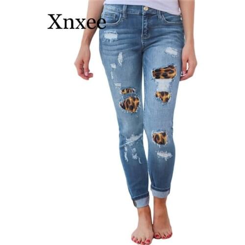 High Waist Jeans for Women Fashion Slim Hole Leopard Patchwork Long Jeans Sexy Ripped Denim jeans pants push up jeans boyfriend