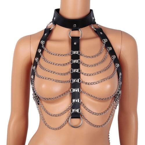 Adult Faux Leather Punk Gothic Halter Caged Metal Chain Tassel Belts with Lock Hot Sexy Body Chest Harness Men Women Bondage