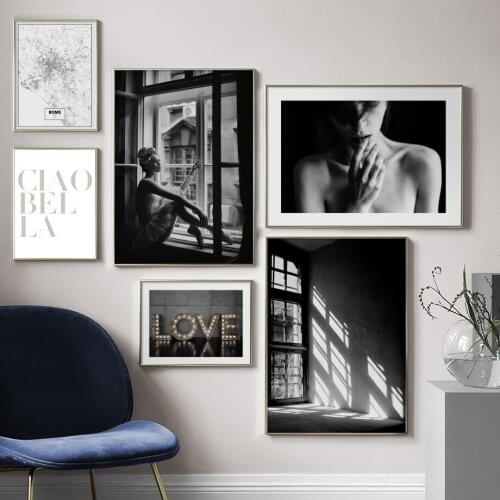 Sexy Girls Window Rome Map Quotes Wall Art Canvas Painting Nordic Posters And Prints Black white Wall Pictures For Living Room
