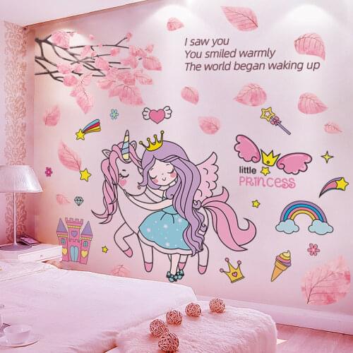 Cartoon Girl Animal Wall Stickers DIY Pink Tree Leaves Wall Decals for Kids Rooms Baby Bedroom Children Nursery Home Decoration