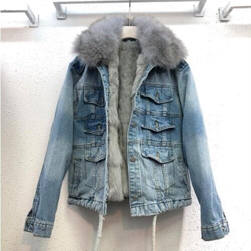 Real Fox fur collar thicker warm denim jacket coat female winter real rabbit fur liner detachable real fur coats F2087