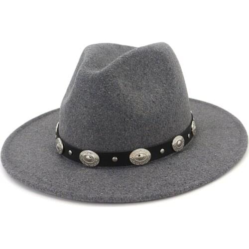 Autumn Winter Unisex Wool Jazz Hat Cap Panama Fedora Hats with Leather Rivet Decorated Trilby Felt Chapeau for Men Wome