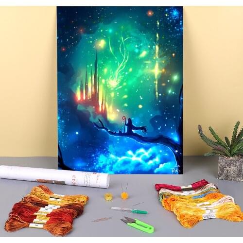 Scenery The Magic Printed Water-Soluble Canvas 11CT Cross Stitch Embroidery Set DMC Threads Handiwork Painting Floss