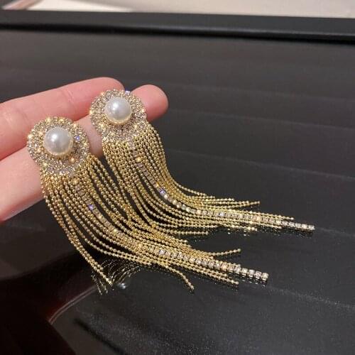 Luxury Graceful Geometric Long Tassel Earrings for Women Korean Style Simple Elegant Pearl Rhinestone Earring Party Jewelry