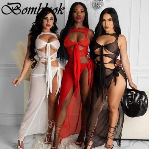 Bomblook Sexy Party Club Bodycon Dresses For Womens 2021 Summer Clothing Solid Cut Out Lace Up Mesh Dress Female Streetwears
