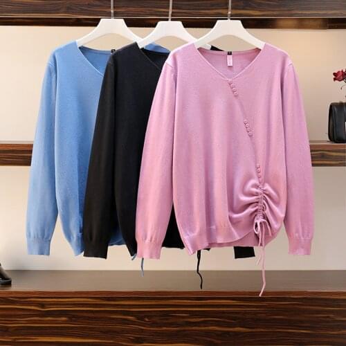Sexy Pleated knitting pullover top Fashion autumn winter sweater women Chic V-neck knit plus size jumper lace up pull femme
