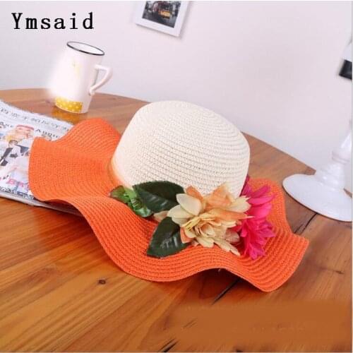 Fashion Mother Daughter Hat Lady Wide Large Brim Floppy Summer Beach Sun Straw Hat Cap with flower Free Shipping