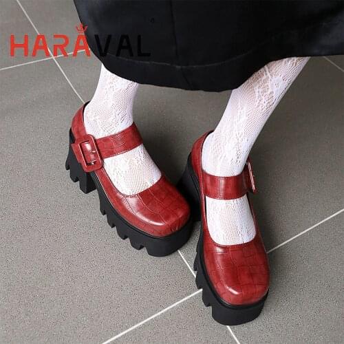 HARAVAL Women Spring Autumn Pumps Thick Bottom Heel Red Black Brown 2021 New Platform Female Round Toe Buckle Strap Shoes A205