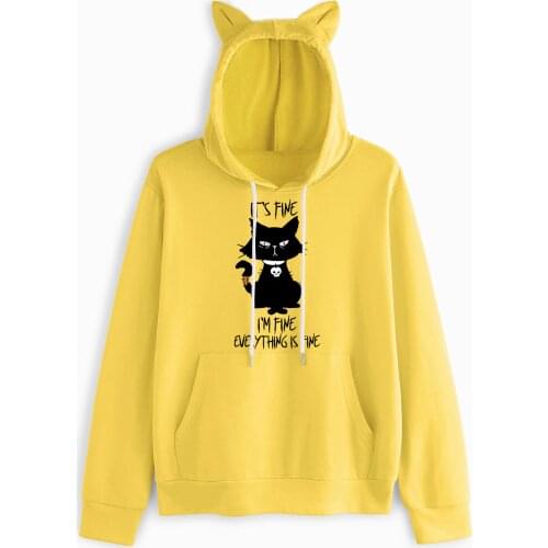 2021 Spring Autumn Women Hoodies Kawaii Cat Ears Fashion Kangaroo Pocket Hoody Casual Yellow Sweatshirt Hoodies for Women