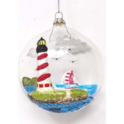 2020 Hand made painted craft glass light tower building flat ball christmas ornaments made in China
