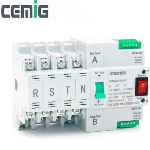 ATS Dual-Power Automatic Transfer Switch SMGQ2-63/4P Circuit Breaker MCB AC 400V 16A to 63A Household 35mm Rail Installation