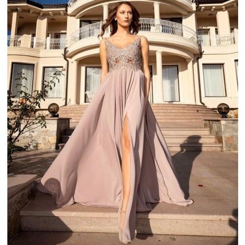 Dusty Pink Evening Dress A-Line V-Neck Tank Lace Appliques Sequined Beads Backless Side Slit Floor Length Party Prom Gown New