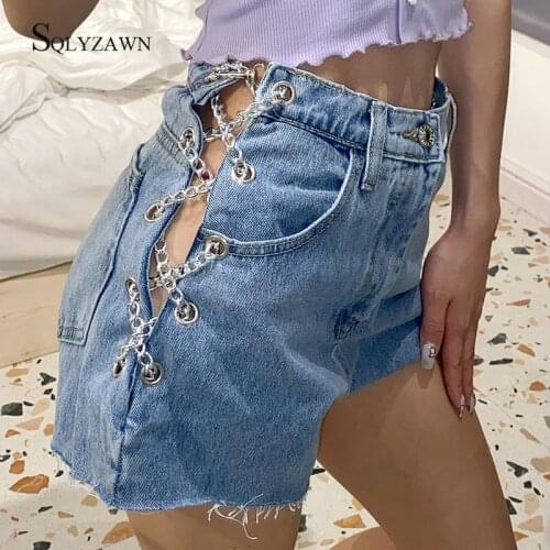 Streetwear High Waist Denim Pants Summer Women Metal Chain Lace Up Sexy Hollow Ripped Shorts Casual Straight Jeans Sweatpants