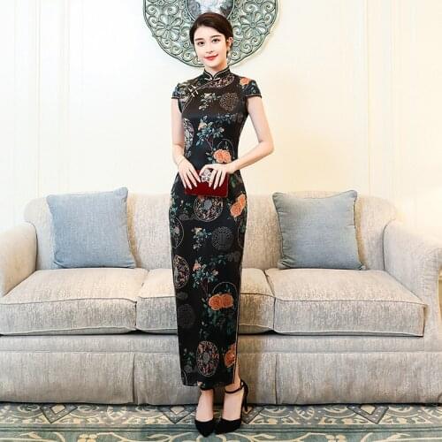 Long Cheongsam Dress Double-Layer Traditional Cheongsam With Retro Chinese Style Black Short-Sleeved Embroidered Qipao Платье
