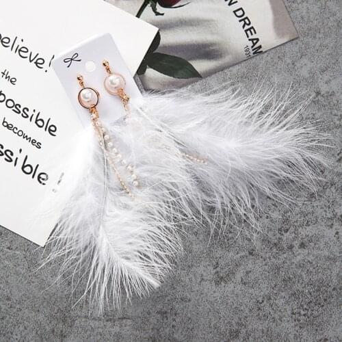 Lifefontier Elegant White Pink Feather Drop Earrings For Women Crystal Pearl Long Tassel Dangle Earrings Korean Fashion Jewelry