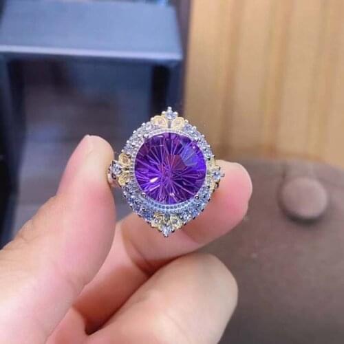 PROCOGEM 13mm Round Cuted Amethyst Ring for women Rose Color Purple Crystal Rings with Cubic Zirconia 925 Sterling silver #862