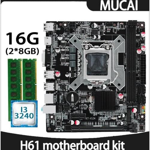 MUCAI H61 Motherboard LGA 1155 Kit Set With Intel Core i3 3240 CPU Processor And DDR3 16GB(2*8GB) 1600MHZ RAM Memory PC Computer
