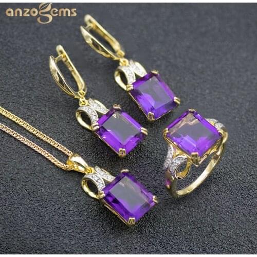 Anzogems 100% natural African amethyst jewelry set 925 sterling silver purple gemstone ring earrings pendant women high quality