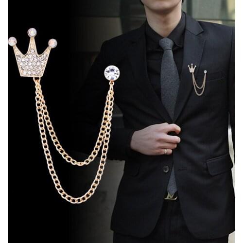 Korean Fashion Rhinestone Crown Brooch Pin Tassel Chian Lapel Pins Suit Shirt Collar Badge Luxury Brooches for Men Accessories