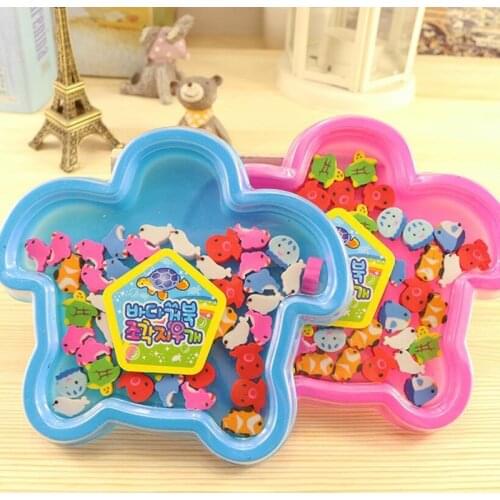 40pcs/set New Marine Animal Eraser with gift box Mini Fish Eraser Office&Study Cartoon Rubber Kids Gifts