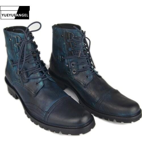 Punk Style Genuine Leather Lace Up Mens Military Cowboy Boots Handmade Casual Black/Blue Working Riding Botas Hombre Plus Size