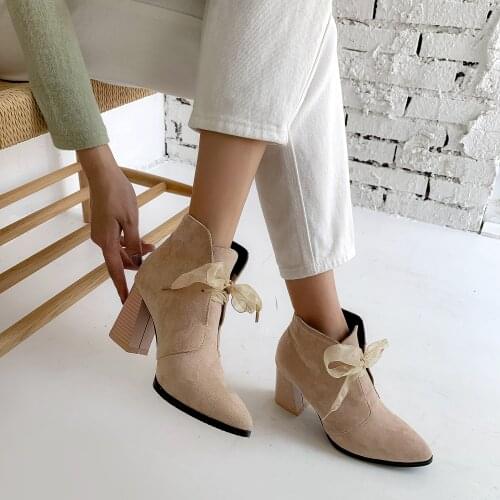 Slim elastic ankle boots women pointed toe Suede Boots pointed bow high heel boots women fashion